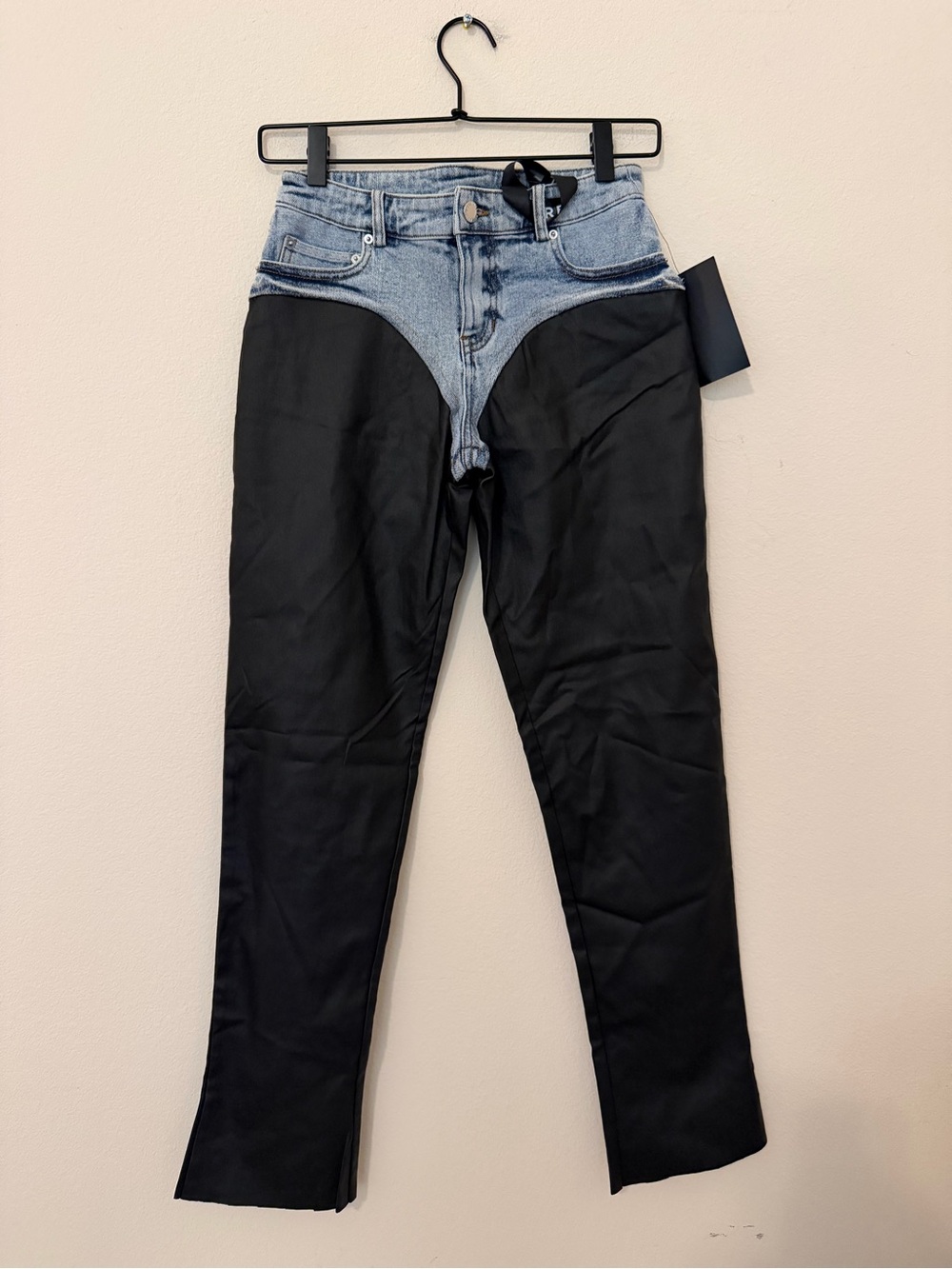 Retrofete Rogan Pant Sz 23 Blue Denim Black Coated Chaps Silhouette Skinny Flare